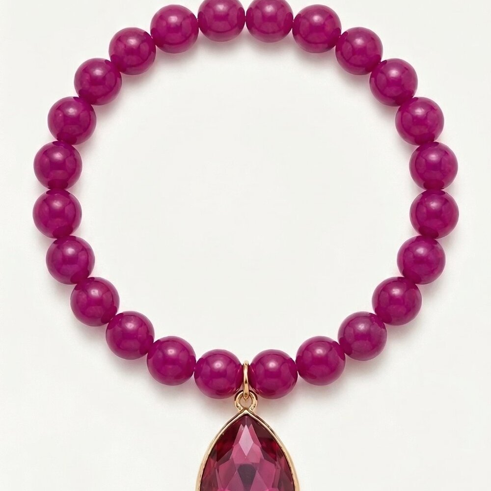 Magenta Beaded Stretch Bracelet with Teardrop Crystal Charm